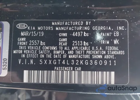 2019 Kia Optima S z USA, uszkodzony, nr VIN 5XXGT4L32KG360911